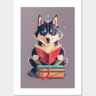 Siberian husky reading book Posters and Art